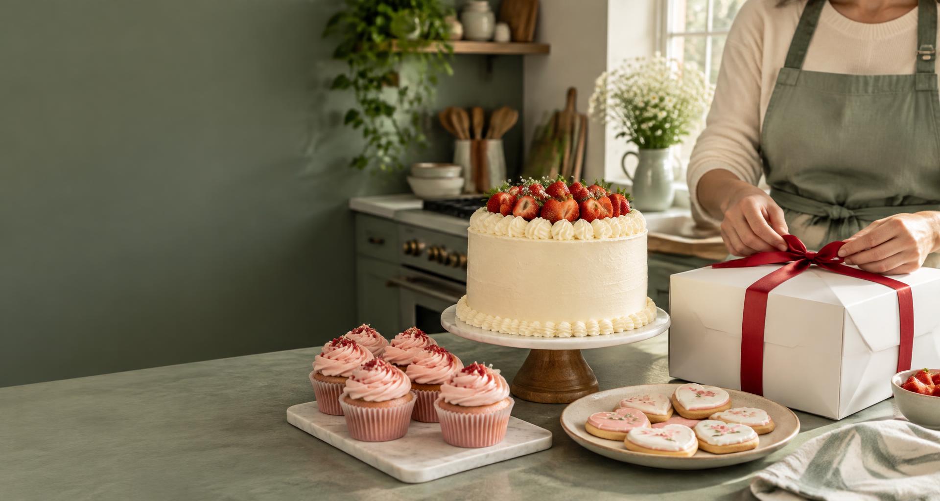 Handmade strawberry cake, cupcakes and decorated cookies ready to sell